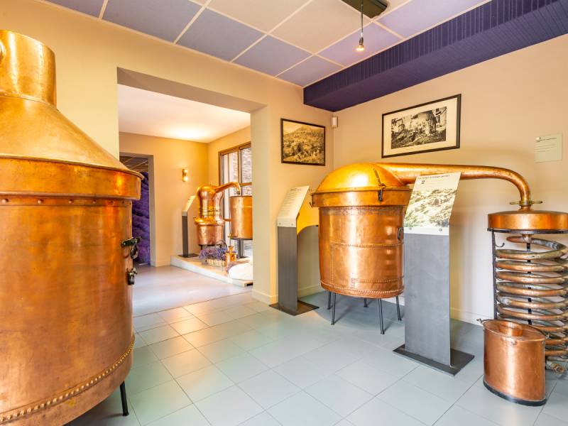 Salle d'exposition du musée avec alambics à feu nu