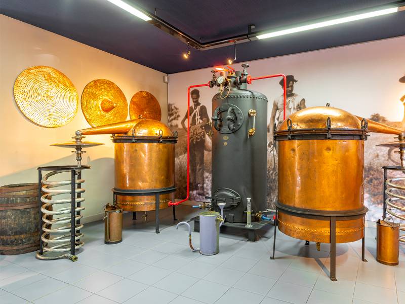 Salle d'exposition du musée avec alambic à vapeur