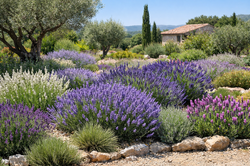 jardin style mediterraneen avec lavande fine, lavandin et lavande papillon 
