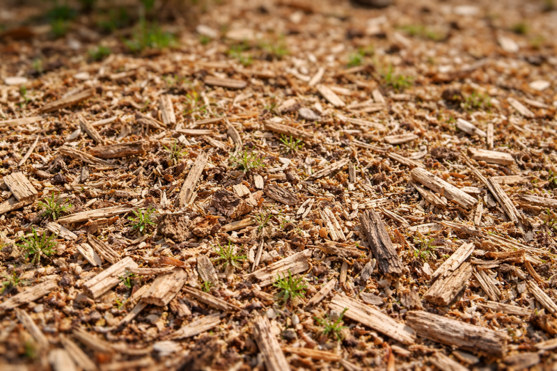 Paillage de type BRF, copeau de jeune pousses en couvert de sol 