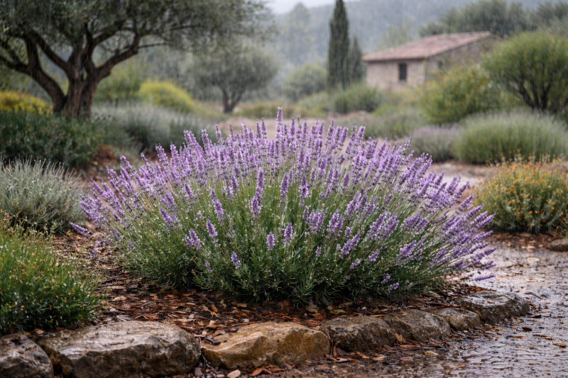 Plan de lavande sous la pluie