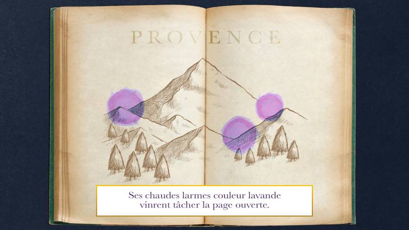 Les larmes bleues se déposent sur le livre de la fée Lavandula
