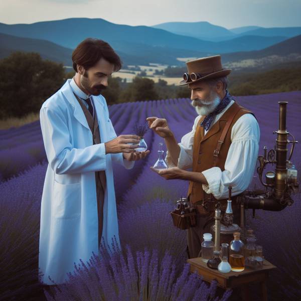 Scientique et agriculteur dans un champs de lavande