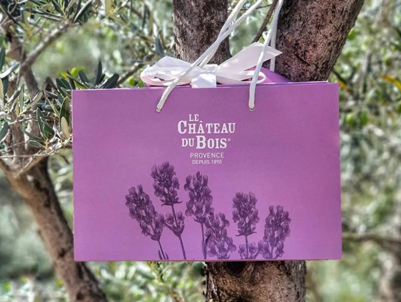 Sac de vente rose accroché à une branche d'olivier
